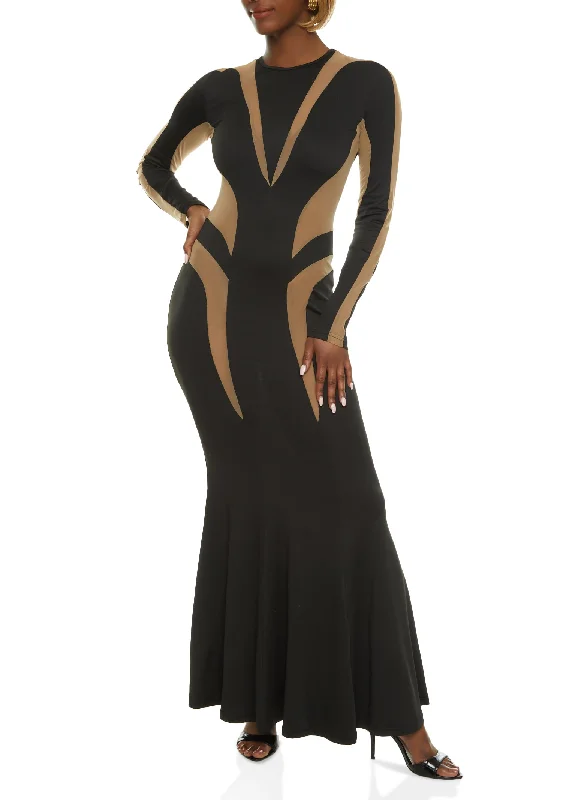 Mesh Color Block Long Sleeve Maxi Dress