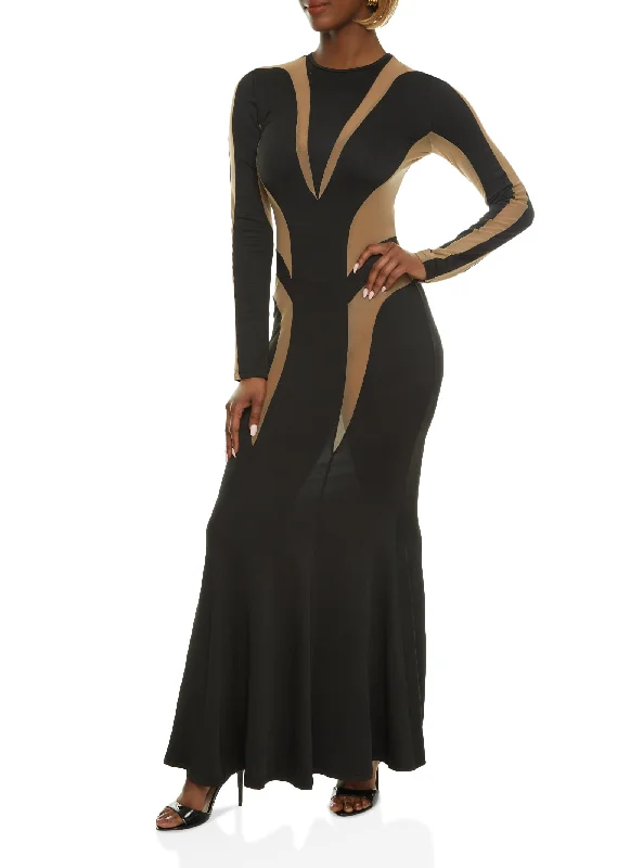 Mesh Color Block Long Sleeve Maxi Dress