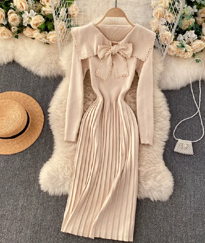 Lovely bow knitted dress long sleeve dress  190