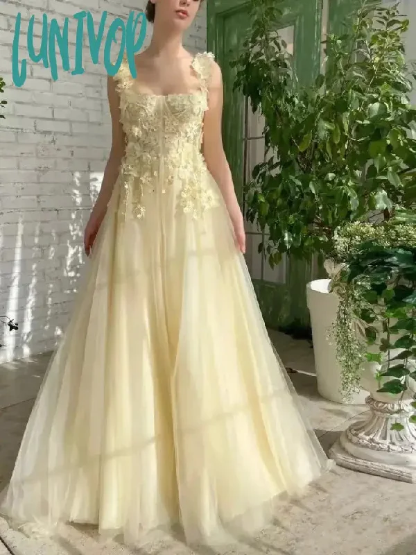 Lunivop Yellow Floral Prom Dresses Lace Applique Tulle with Belt Spaghetti Strap Long Sweep Train Graduation Homecoming Evening Gowns